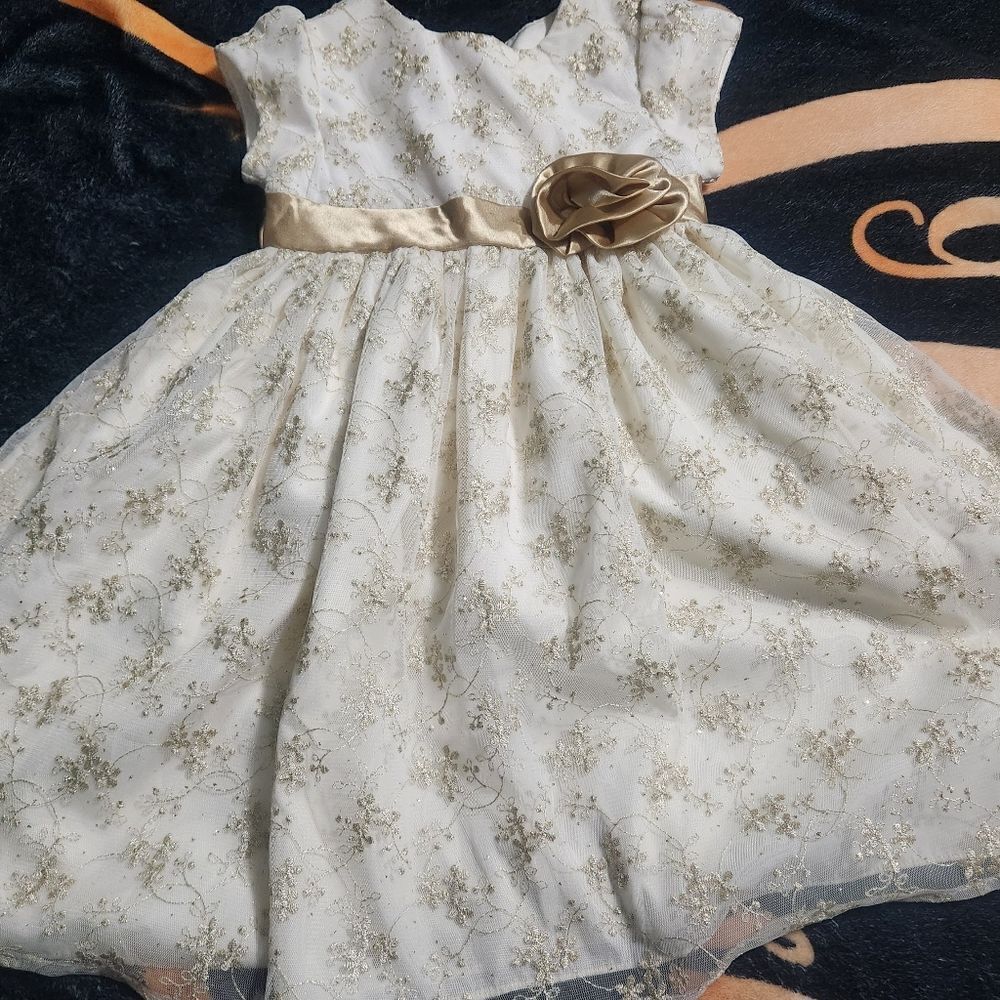 Laura Ashley London 5 White Gold Embroidered Shrtslv Bow Lined Girl'sFormalDress
